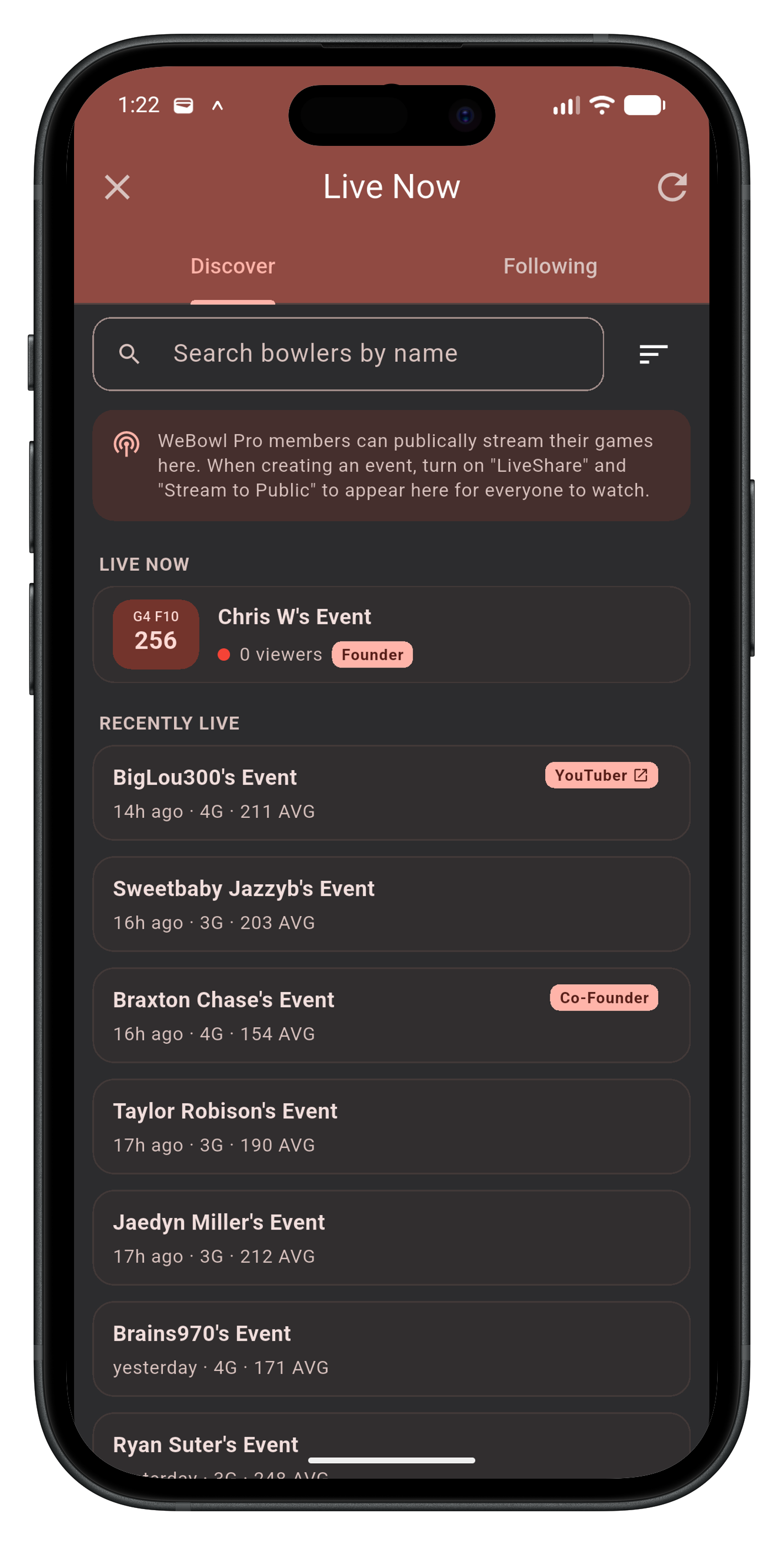 Live Now list of bowlers streaming in WeBowl